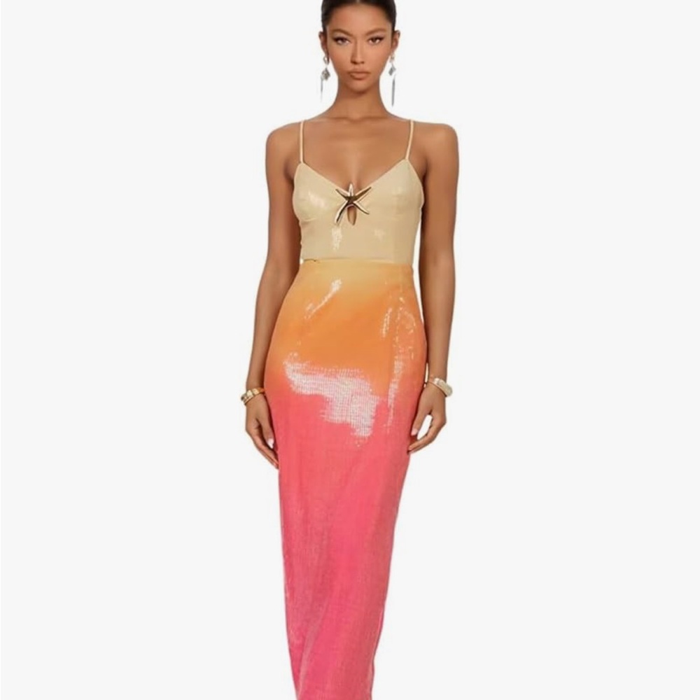 Amazon Ombre Sequin Maxi Dress in Gold, Orange & Pink
